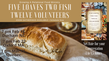 Book Cover with hands grabbing food, cans of food, sandwiches, people serving food, and the words Five Loaves, Two Fish, Twelve Volunteers